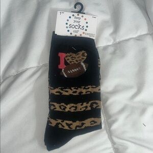 NWT - Keep your socks on! I Love Football Black and Tan Leopard Print Crew Socks